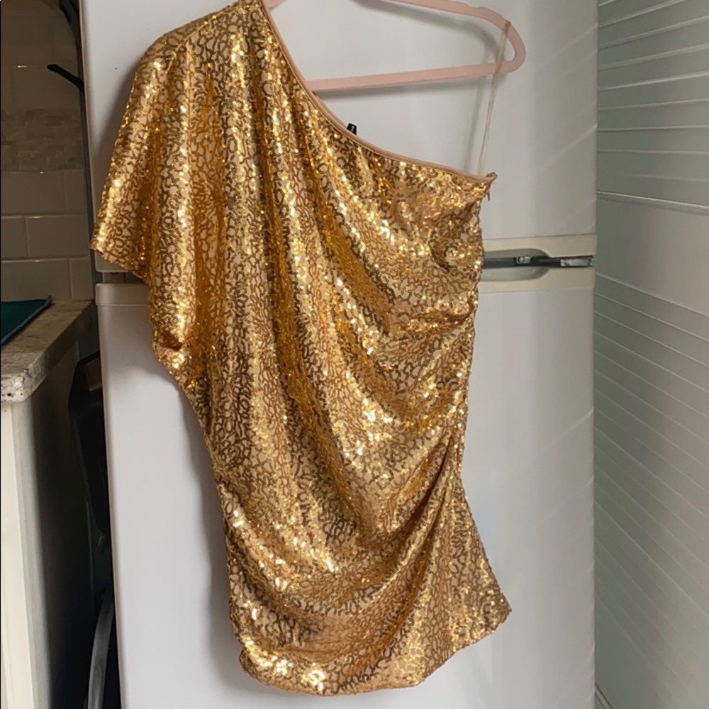 Gold sequin one shoulder mini dress by Windsor